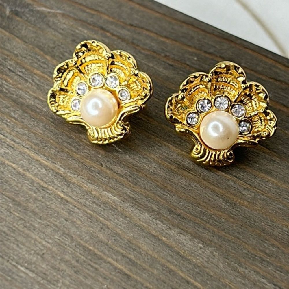Vintage earrings, seashells, rhinestones, and pearl
